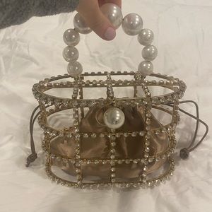 Crystal and Pearl Metal Basket Handbag New